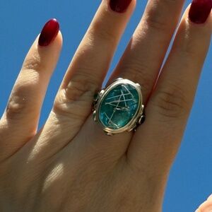 Vintage Sajen Etched Blue Quartz Ring 925 Sterling Sz 7.75 Adjustable